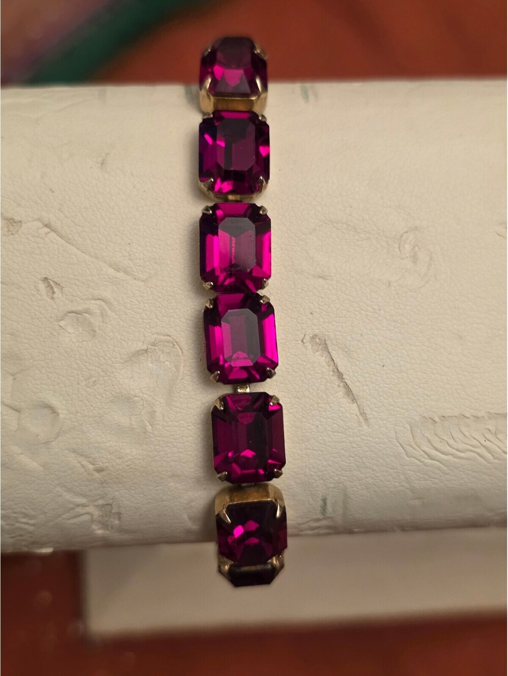 Vintage WEISS Fuchsia Pink Emerald Cut Rhinestone Tennis Bracelet 7"